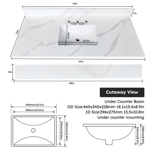 English Elm 49-inch Carrara Quartz Vanity Top Undermount Sink Marble Look Backsplash Bathroom W2699P459409