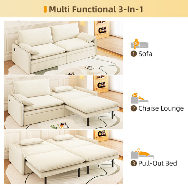 English Elm 4-Seat Convertible Sleeper Sofa Bed Chenille Upholstery Deep Seat Storage USB Port Modern Pull-Out Beige+White W1885S00214
