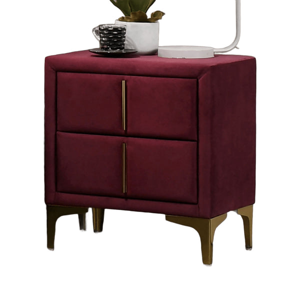 English Elm Red Glam Nightstand with Gold-Coated Legs, Fully Upholstered Flannelette Bedside Table, 22"W x 24"H B2741P350273