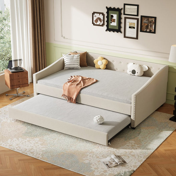 English Elm Full Size Daybed With Twin Trundle - Elegant Upholstered Sofa Bed With Tufted Back & Nailhead Trim W2336S00037