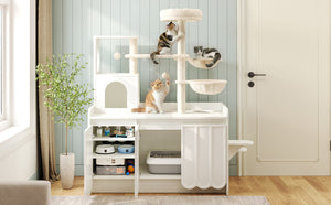 English Elm 50.6" Modern White Cat Tower with Litter Enclosure Sisal Posts Hammock and Perch N704P443505K