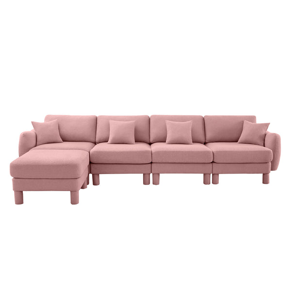 English Elm Boucle Fabric Convertible L-Shape Sectional Sofa With Shell Armrests & Removable Ottoman In Pink W3041S00296
