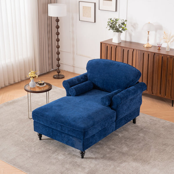 English Elm [New] Oversized Chaise Lounge Indoor Chenille Sleeper Recliner Armchair with Wide Foam Seat & Pillows Blue W2363S00084