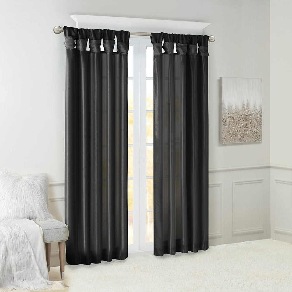 English Elm Twist Tab Lined Window Curtain Panel Black 50X84" - Luxurious Faux Silk For Elegant Home Décor B035P148396-GIGA