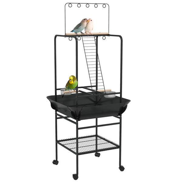 English Elm PawHut Mobile Parrot Play Stand with Wheels, 3 Perches, Stainless Bowls, Pull-Out Tray & Toy Hanger W2225P173754