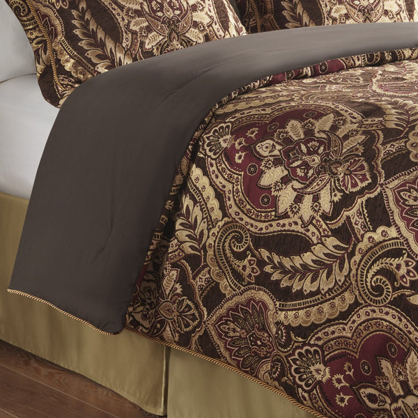 English Elm 4 Piece Comforter Set - Regal Burgundy Chenille For King Bed, Luxurious Vintage French Elegance B035128754