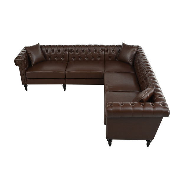 English Elm Sectional Chesterfield Sofa with Tufted Back Nailhead Trim Pu Leather 5 Seat Living Room Dark Brown W680S00113