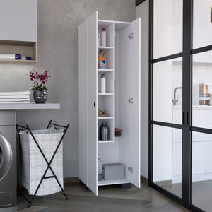 English Elm Lake Slim Broom Cabinet White – Slim Particleboard Storage with Inner Shelves, 3 Side Hangers, Base Compartment and Modern Finish B070S00345