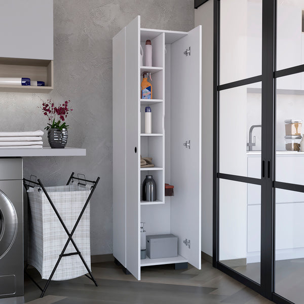 English Elm Lake Slim Broom Cabinet White – Slim Particleboard Storage with Inner Shelves, 3 Side Hangers, Base Compartment and Modern Finish B070S00345