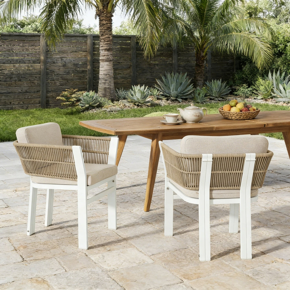 English Elm Outdoor Woven Rattan Aluminum Dining Chairs Set of 2 Coastal Patio Seating Beige,White N779P368549W
