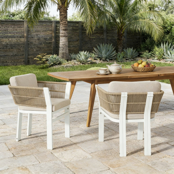 English Elm Outdoor Woven Rattan Aluminum Dining Chairs Set of 2 Coastal Patio Seating Beige,White N779P368549W