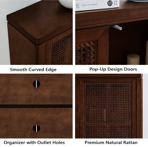 English Elm 39.4" Mid Century Modern Rattan Sideboard Buffet Cabinet with Pop-Up Doors, Charging Holes, Stylish Storage Walnut W1801P362142