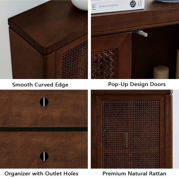English Elm 39.4" Mid Century Modern Rattan Sideboard Buffet Cabinet with Pop-Up Doors, Charging Holes, Stylish Storage Walnut W1801P362142
