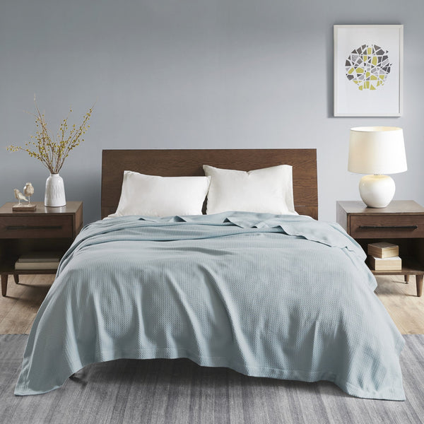 JLA Home Madison Park - Blanket Egyptian Cotton Ultra-Soft Throw for Bed & Sofa, Machine-Washable, Durable Luxury Feel Light Blue MP51N-6188