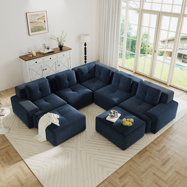 English Elm Modular Corduroy Sectional Sofa V Shaped 5 Seat Living Room Couch with Ottoman Blue W714S01580