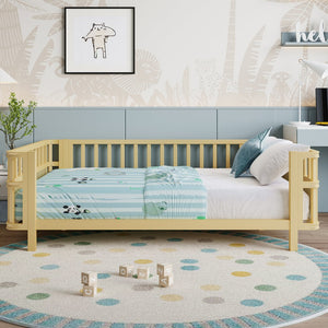 English Elm Children's Low Platform Bed Full Size Iron Wood Frame with Safety Railings for Kids W1858P390002