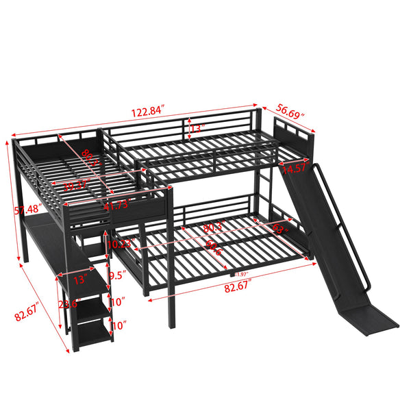 English Elm L-shaped Metal Triple Bunk Bed with Slide Desk Shelves Sleep Study Play Zone W1580S00280