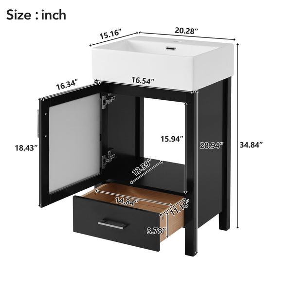 English Elm 20-Inch modern bathroom vanity with ceramic sink, soft-close door and ample storage for small spaces Black WF324691AAB
