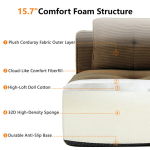 English Elm Modern Corduroy Sectional Sofa Tufted 3 Seater with Movable Ottoman Deep Seat Brown W714S01808