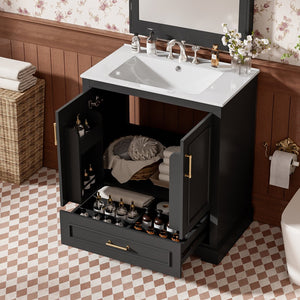 English Elm 30" Freestanding Bathroom Vanity Matte Black Solid Wood Ceramic Sink Soft Close N729P321376B