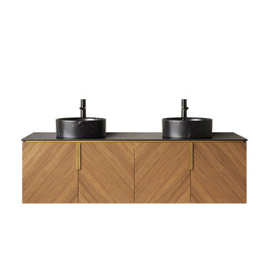English Elm Dina 60 Inch Floating Bathroom Vanity Sintered Stone Top Dual Glass Basins Wood Grain W2615S00552