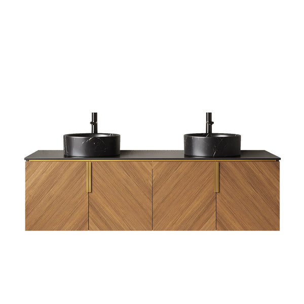 English Elm Dina 60 Inch Floating Bathroom Vanity Sintered Stone Top Dual Glass Basins Wood Grain W2615S00552