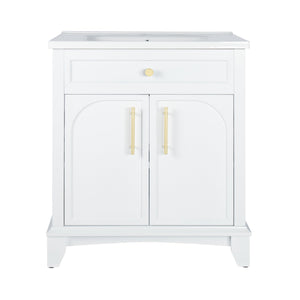 English Elm 27.8" Mid-century Freestanding Bathroom Vanity with Ceramic Sink Drawer and Wood Base White W1801S00004