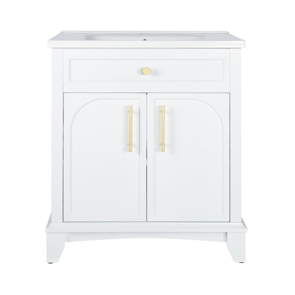 English Elm 27.8" Mid-century Freestanding Bathroom Vanity with Ceramic Sink Drawer and Wood Base White W1801S00004