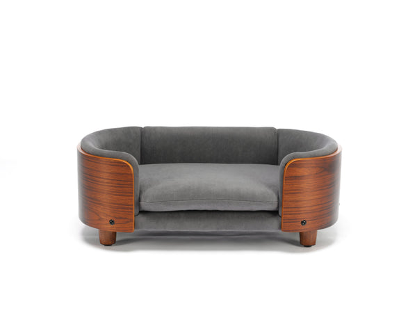 English Elm Scandinavian Elevated Pet Sofa Bed with Walnut Bent Wood Back, Velvet Stain-Resistant Fabric, Cozy Rest Dark Gray W794125914