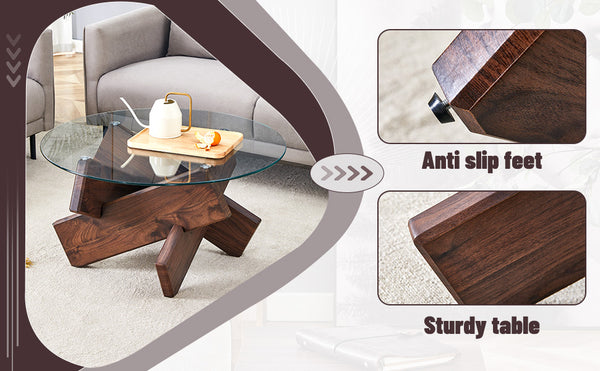 English Elm Round glass coffee table with tempered clear top, walnut MDF legs, adjustable anti-slip feet, modern centerpiece W1151P230572