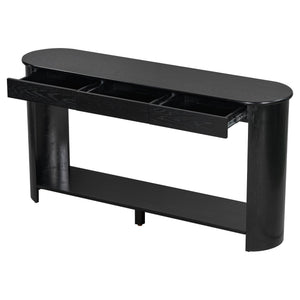 English Elm U_style Oak Veneer Console Table with 3 Drawers Open Shelf Entryway Hallway Storage Black N711P395523B