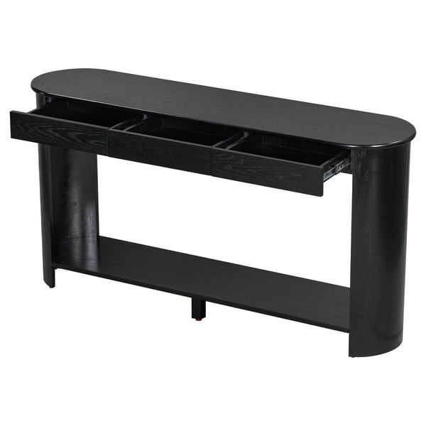 English Elm U_style Oak Veneer Console Table with 3 Drawers Open Shelf Entryway Hallway Storage Black N711P395523B