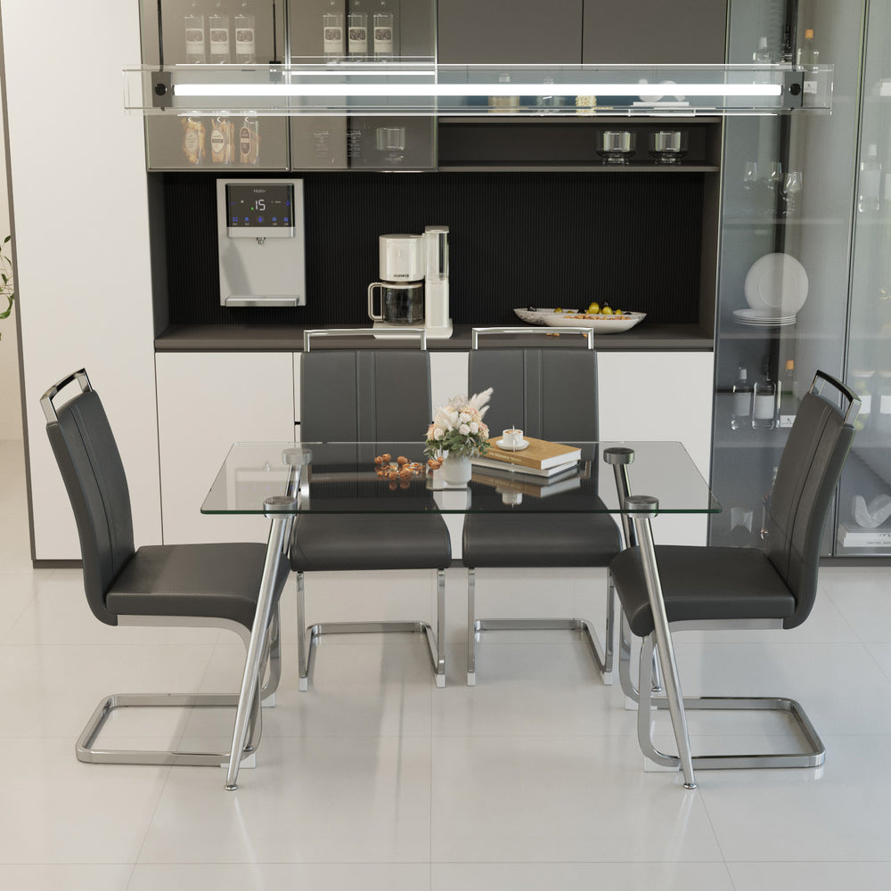 English Elm 51 Inch Tempered Glass Dining Set for Four with Chrome Legs and Pu Leather Chairs W2189S00917