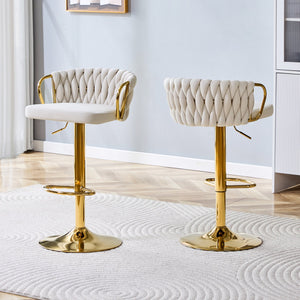 English Elm Set of 2 Velvet Swivel Barstools with Braided Rope Back and Adjustable Pedestal Base Beige,Gold W3875P383938