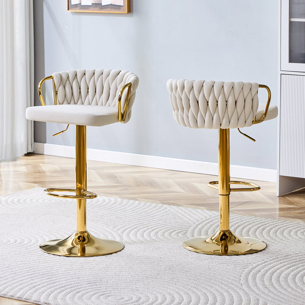 English Elm Set of 2 Velvet Swivel Barstools with Braided Rope Back and Adjustable Pedestal Base Beige,Gold W3875P383938