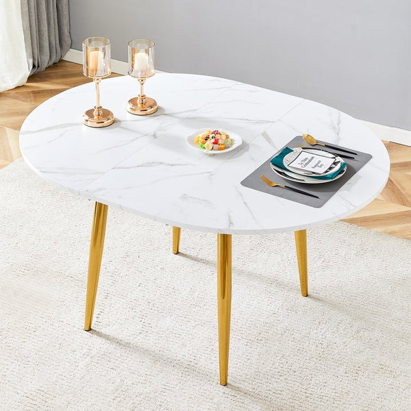 English Elm With Retractable Leaf Round Oval Mdf Top and Sleek Metal Legs Modern Dining Table White+Gold W1151S03870