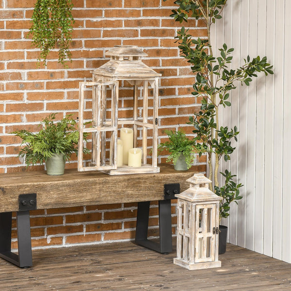 English Elm Homcom Fir Wood Rustic Lantern Set of Two Farmhouse Decor for Mantel or Porch W2225P217278