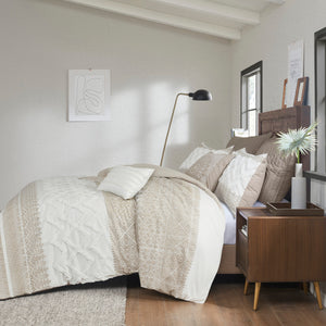 English Elm Full/Queen Mila 3 Piece Cotton Duvet Cover Set with Taupe Botanic Print, Chenille Chevron Tufting, OEKO-TEX Certified B035129140