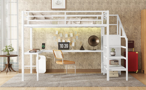 English Elm Full Size Loft Bed With L-Shaped Desk, Wardrobe, Usb, Led Light - Space-Saving Design For All Ages W1580S00133