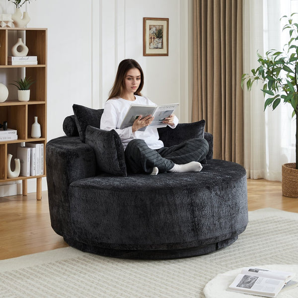 English Elm 55''l 55'l Chenille Swivel Lounge Chair Plush Foam Fill 360 Rotation Modern Living Room Black W834S00642