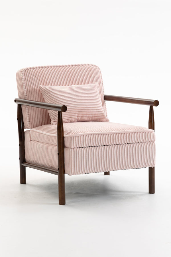 English Elm Storage Accent Chair Mid Century Wood Frame Upholstered Seat with Lumbar Cushion Light Pink W2530P401446
