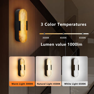 English Elm 13.8" Natural Marble Wall Sconce Set of 2 Matte Iron LED Vanity Lights Warm to Cool Dimmable Ambience Black W2312P394332
