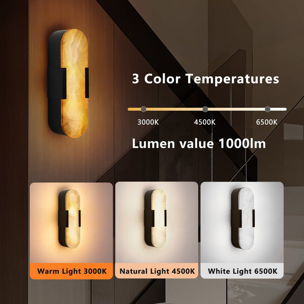 English Elm 13.8" Natural Marble Wall Sconce Set of 2 Matte Iron LED Vanity Lights Warm to Cool Dimmable Ambience Black W2312P394332