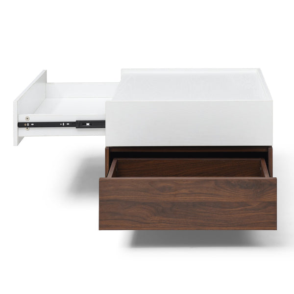 English Elm Rotating Square Coffee Table with Swivel Top, 2 Drawers & Hidden Storage, White Walnut Finish Elegance W1117P235473