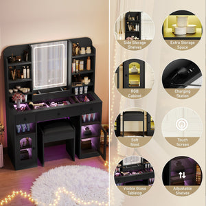 English Elm 43.2" Bedroom Dressing Table with Rgb Lit Glass Cabinets Led Mirror and Charging Station Black N704P407114B