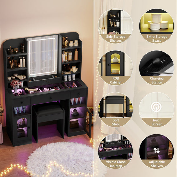 English Elm 43.2" Bedroom Dressing Table with Rgb Lit Glass Cabinets Led Mirror and Charging Station Black N704P407114B