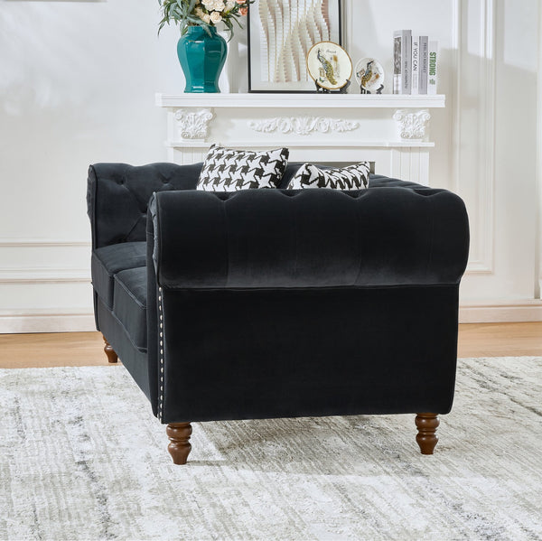 English Elm 87"Chesterfield Velvet Upholstery Sofa with Roll Armrests & Nailhead Trim, 3-Seater Luxurious Midcentury Design Black W3373S00009