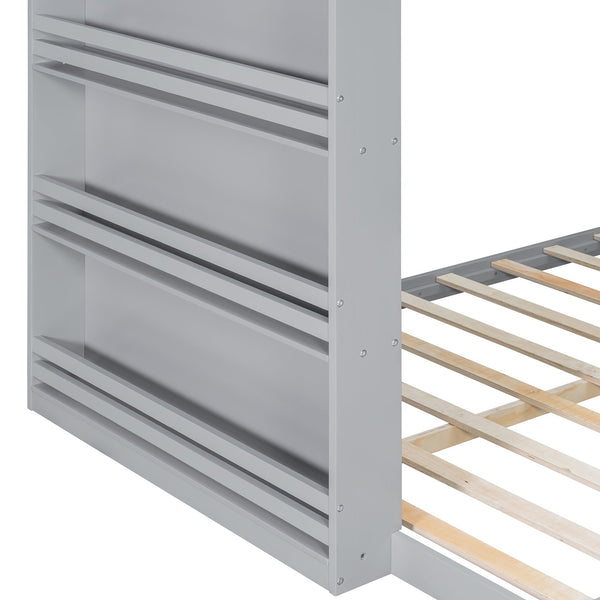 English Elm Twin Over Full Bunk Bed with Cane Guardrail Led Lighting and Built-in Bookshelf Gray LT000351AAE