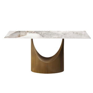 English Elm 63" Modern Rectangular Dining Table With White Sintered Stone Top & Bronze Iron Legs - Seats 6-8! W1535S00553