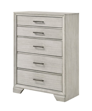 English Elm 1pc Five-Drawer Chest in White Mist Finish with Metal Knobs & Handles, Spacious Bedroom Storage Solution Antique White 39 L x 20.5 W x 54 H B011P228950
